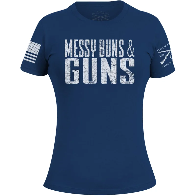 Affordable Women's Clothing Grunt Style Women's Messy Buns and Guns T-Shirt - Blue