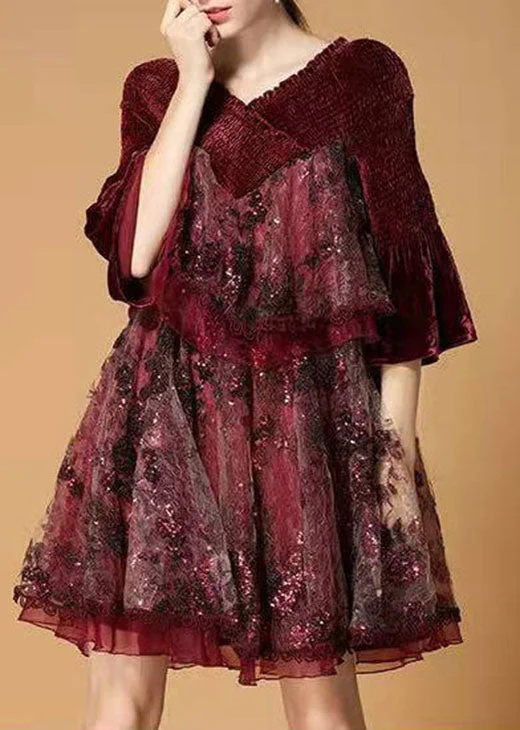 Women's Tailored Outfit Plus Size Mulberry Sequins Tulle Embroideried Velour Mini Dress Winter