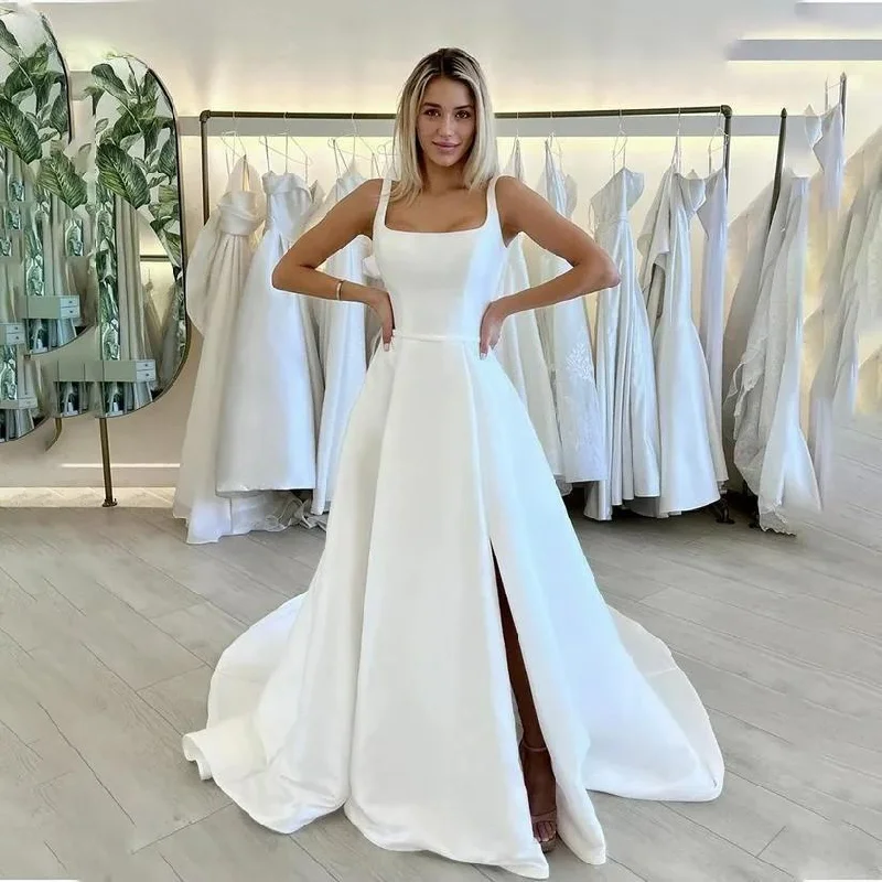 Women's Clothes For Special Occasions Simple A Line Wedding Dress Spaghetti Straps Square Collar Satin Backless Side Slit Bridal Gowns Vestidos De Novia Custom Made