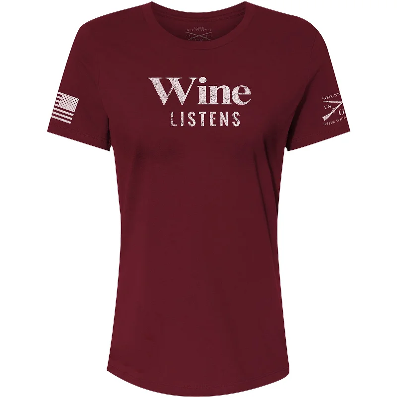 Women's Vacation Outfit Grunt Style Women's Relaxed Fit Wine Listens T-Shirt - Maroon