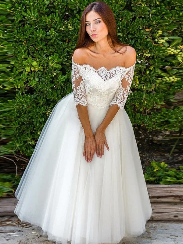 Women's Transitional Garments A-Line/Princess Tulle Lace Off-the-Shoulder 1/2 Sleeves Ankle-Length Wedding Dresses