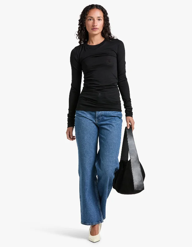 Women's Clothes And Apparel Ruched Long Sleeve Tee - Black