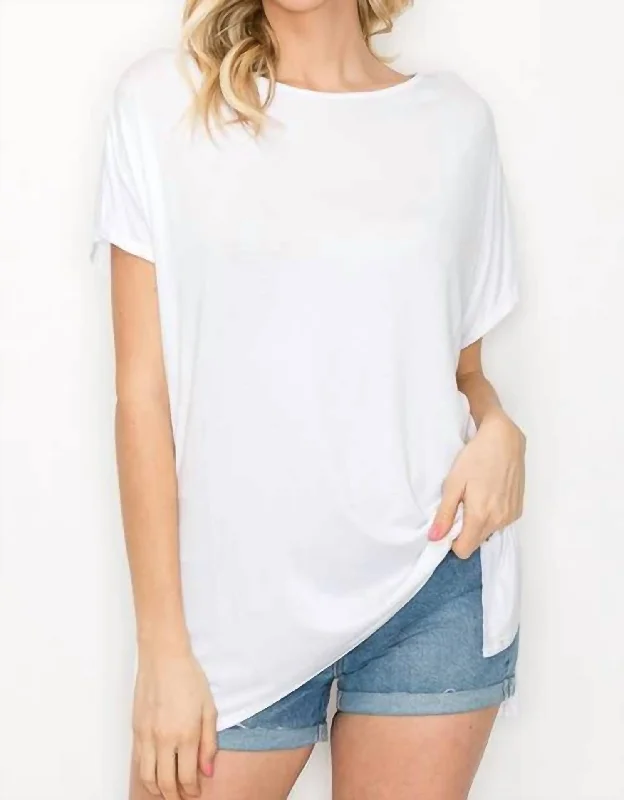 Women's Formal Event Attire Boat Neck Short Sleeve Tee Top In Solid White