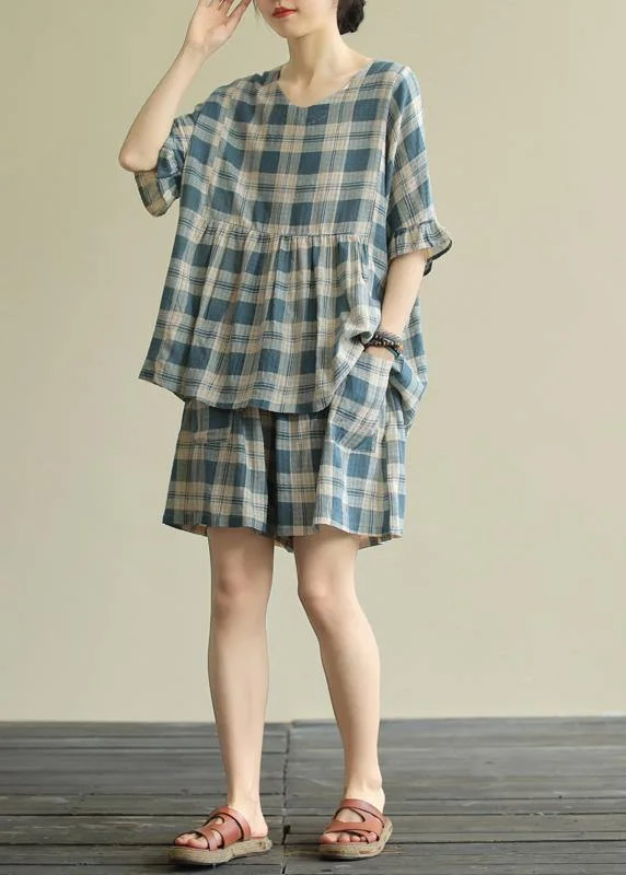 Women's Clothing And Garments Sets Loose Round Neck Stitching Top Elasticated Shorts Blue Plaid Two-piece Suit