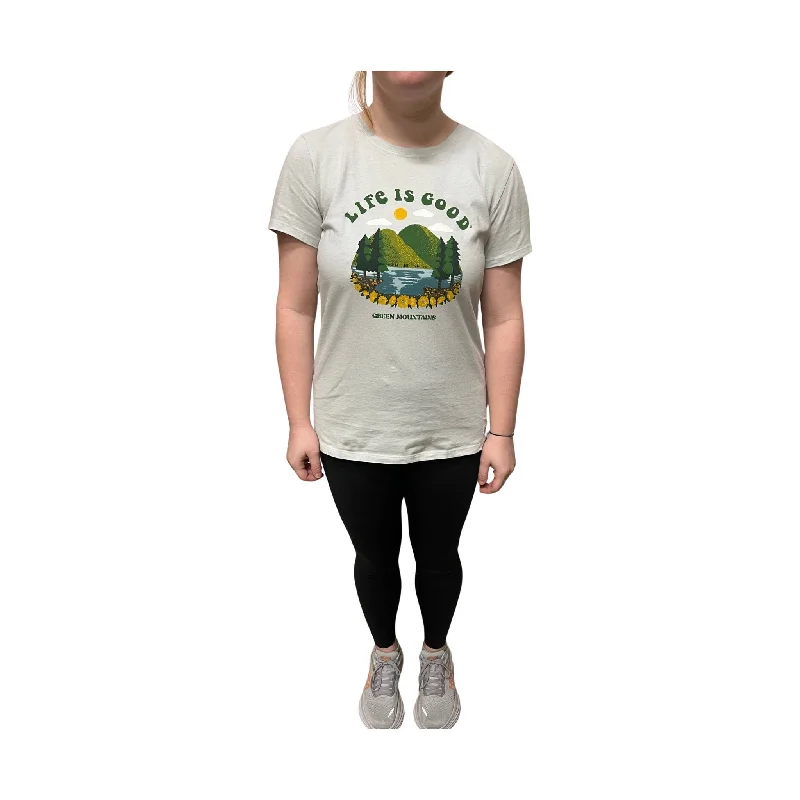 Fashionable Women's Outfit Life Is Good Women's Exclusive Green Mountains Tee - Grey/Green - ONLINE STORE CREDIT/EXCHANGE ONLY