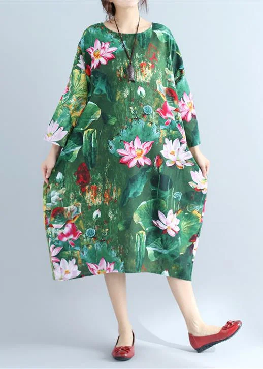 Women's Seasonal Clothing green prints linen shift dresses Loose fitting holiday 2018 wild  long sleeve linen clothing dresses