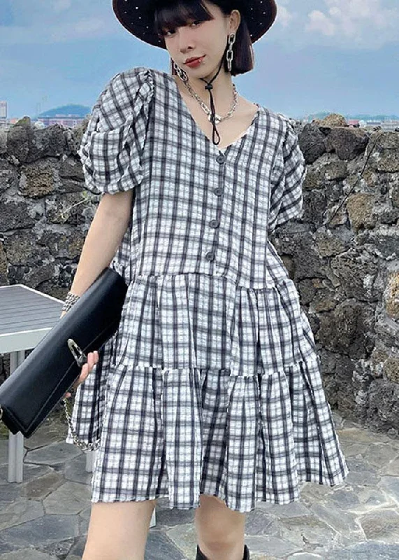 Fashionable Women's Outfit Boho Black White Plaid Patchwork Vacation Dress Summer