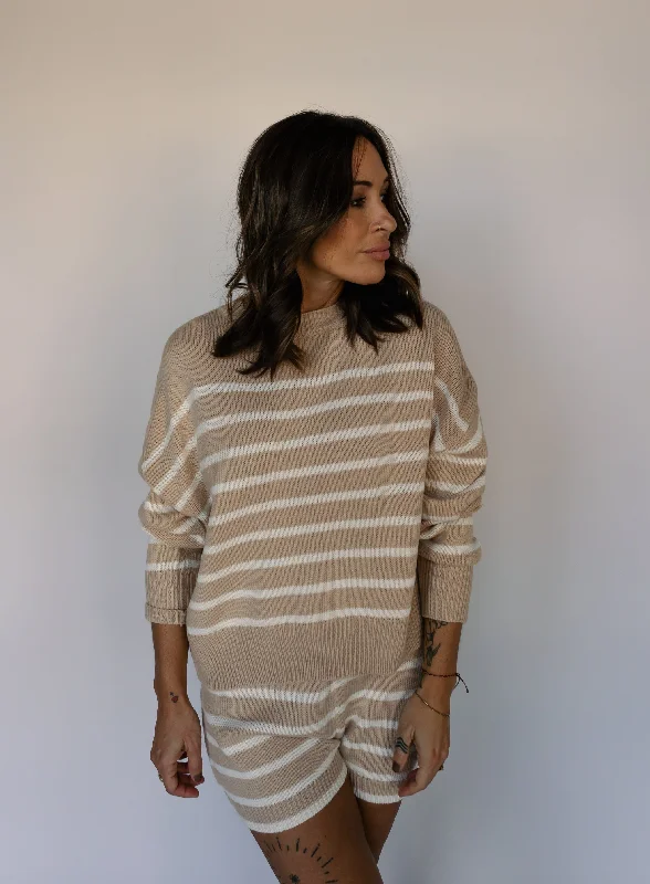 Women's Transitional Apparel Joelle Striped Sweater & Short Set - Taupe - Final Sale