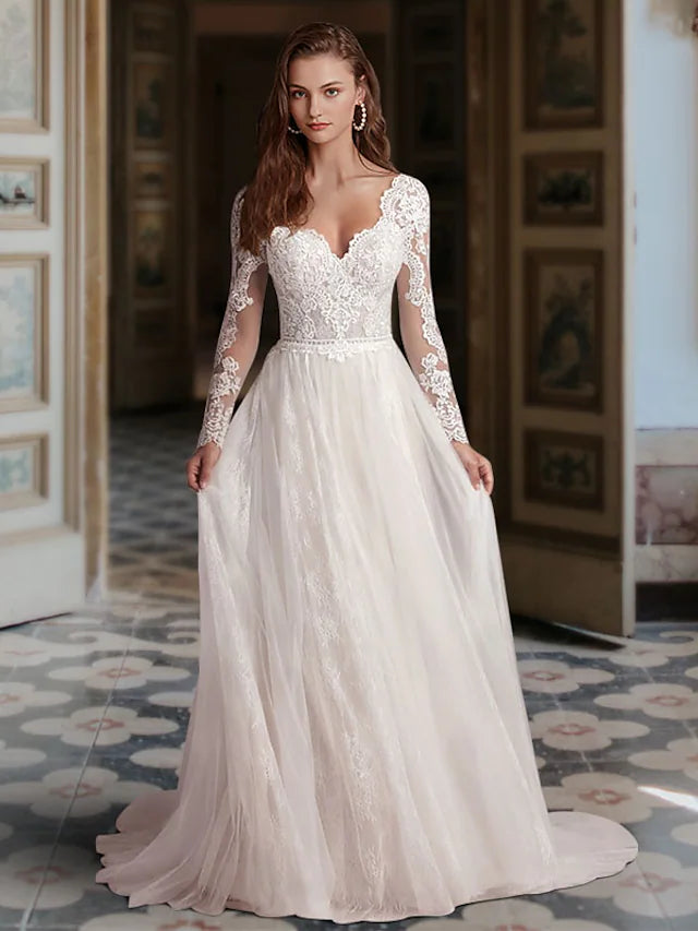 Women's Elegant Formal Outfit Engagement Formal Wedding Dresses Court A-Line Long Sleeve V Neck Lace With Appliques