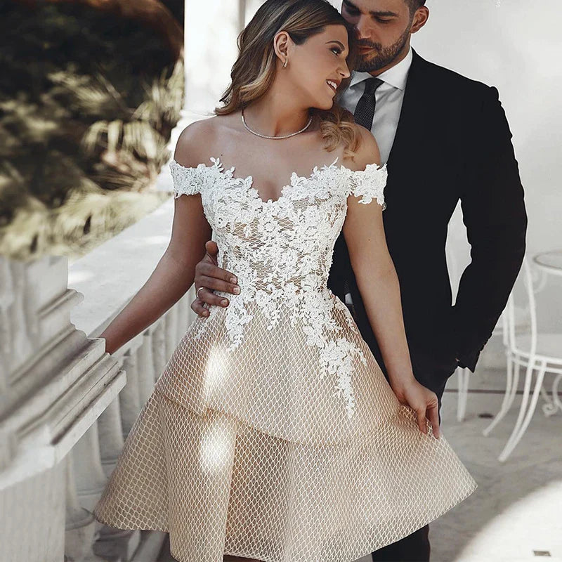 Sustainable Women's Clothes Off The Shoulder Short Wedding Dress Champagne Appliqued Lace Bride Dresses Knee Length Backless Wedding Gowns Custom