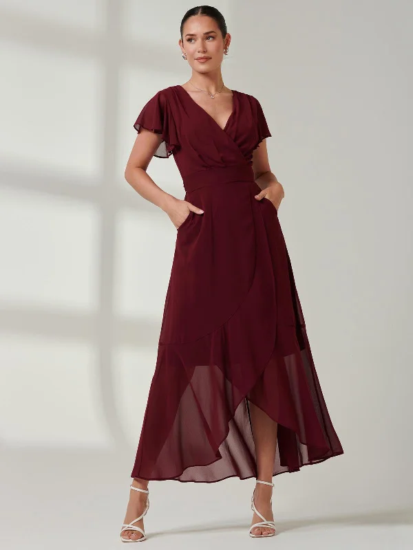 Women's Comfortable Lounge Garments Vicky Chiffon Frill Maxi Dress, Burgundy