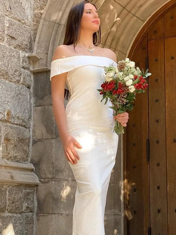 Women's Apparel Sheath/Column Stretch Crepe Ruffles Off-the-Shoulder Sleeveless Floor-Length Wedding Dresses