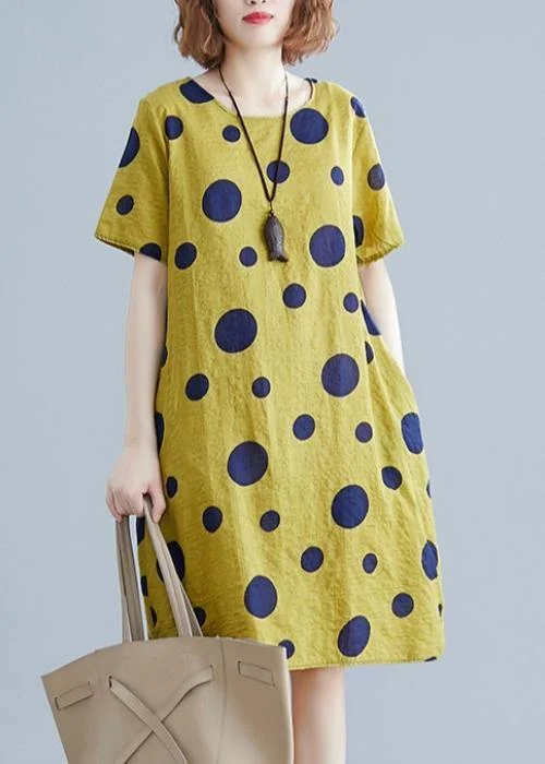 Affordable Trendy Clothes For Women Unique o neck pockets Cotton clothes Wardrobes yellow dotted Dresses