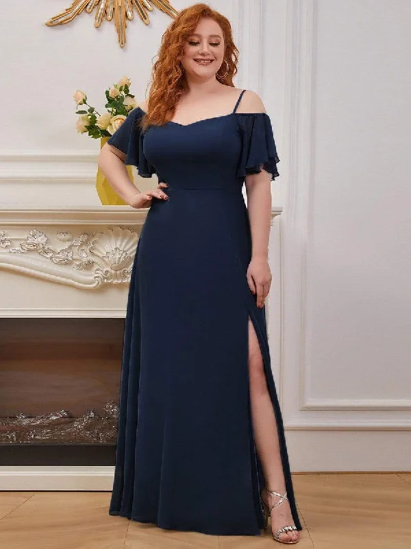 Comfortable Women's Clothing Plus Size Cold Shoulder Bridesmaid Dress with Side Slit