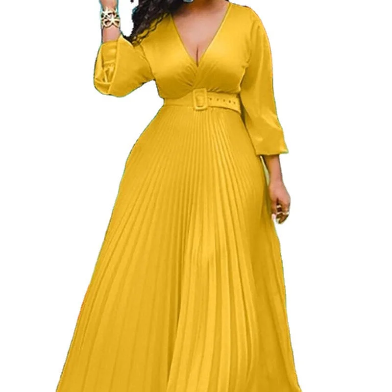 Luxury Women's Clothing 2023 High Waist Solid Color Temperament Retro A-line Pleated Maxi Chiffon Long Sleeve Casual Dress With Belt