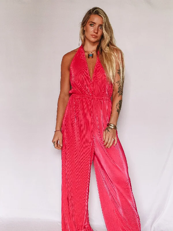 Women's Resort Attire Fuchsia Halter Neck Jumpsuit