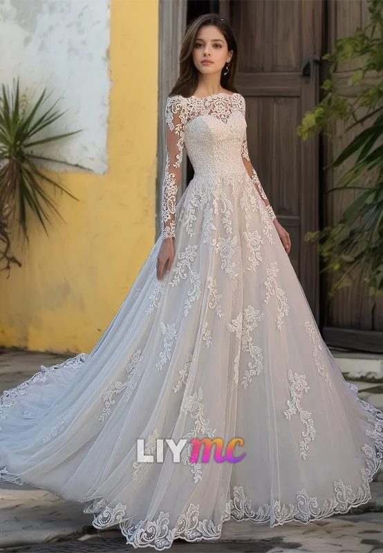 Women's Sporty Clothes Off-Shoulder Long Sleeves Lace Appliques Ball Gown Wedding Dress