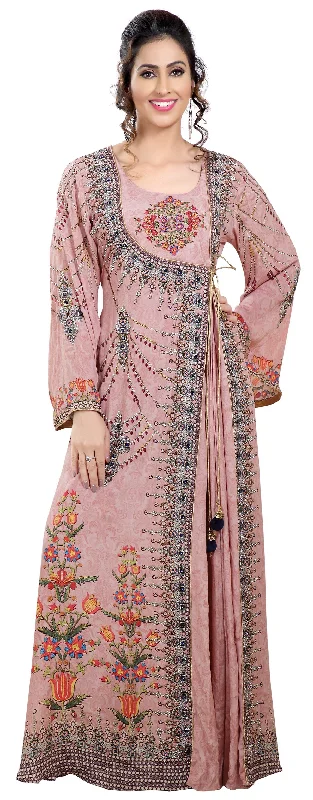 Women's Cozy Clothes Light Pink Printed Kaftan With Crystal Luxe Beads