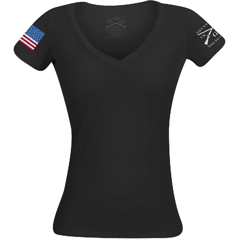 Women's Vacation Outfit Set Grunt Style Women's Full Color Flag Basic V-Neck T-Shirt - Black