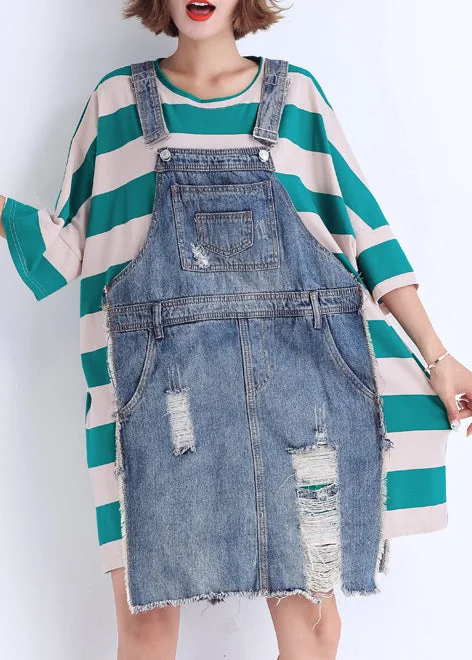 Women's Casual Wear Clothing Handmade o neck false two pieces Cotton Wardrobes Sweets Runway green striped short Dresses Summer