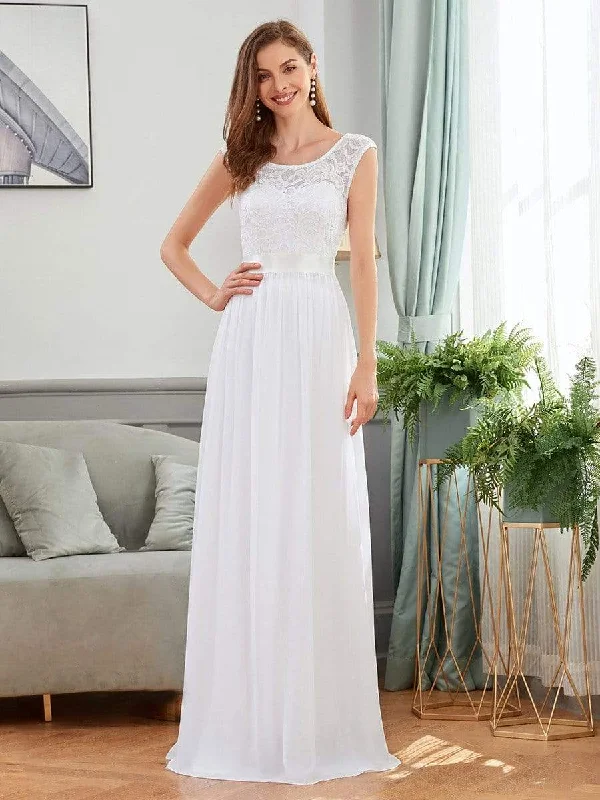 Women's Relaxed Outfit Classic Cap Sleeves Lace Bodice Maxi Casual Wedding Dress