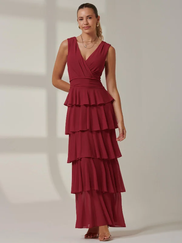 Women's Clothing And Garments Sets Plain Tiered Mesh Maxi Dress, Burgundy