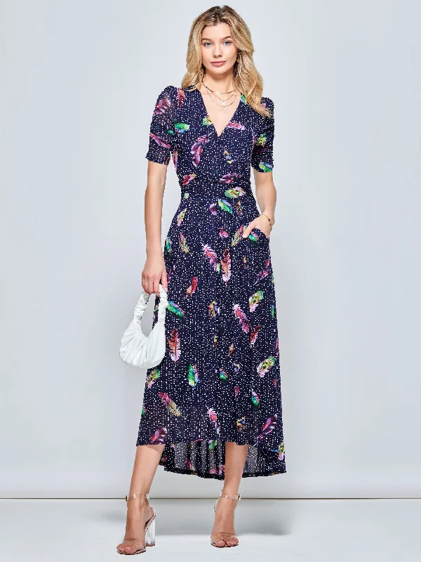 Women's Festive Attire Ressie Dip Hem Maxi Dress, Navy Feather