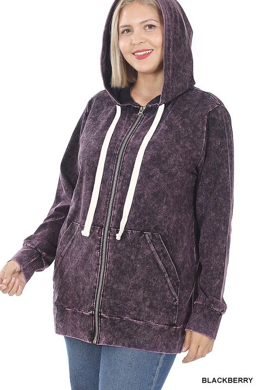 Women's Trendy Garments Hi Curvy Plus Size Women Mineral Wash Zippers Hoodie Jacket