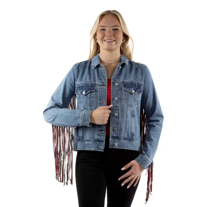 Women's Weekend Outfit Scully Western Jacket Womens Denim Fringe Red White Blue F0_HC943