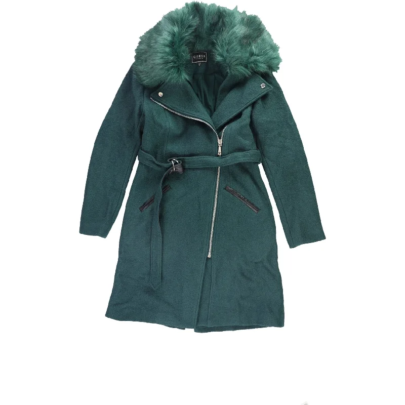 Women's Outerwear Clothing GUESS Womens Yaya Belted Faux-Fur-Trim Jacket, Green, Medium