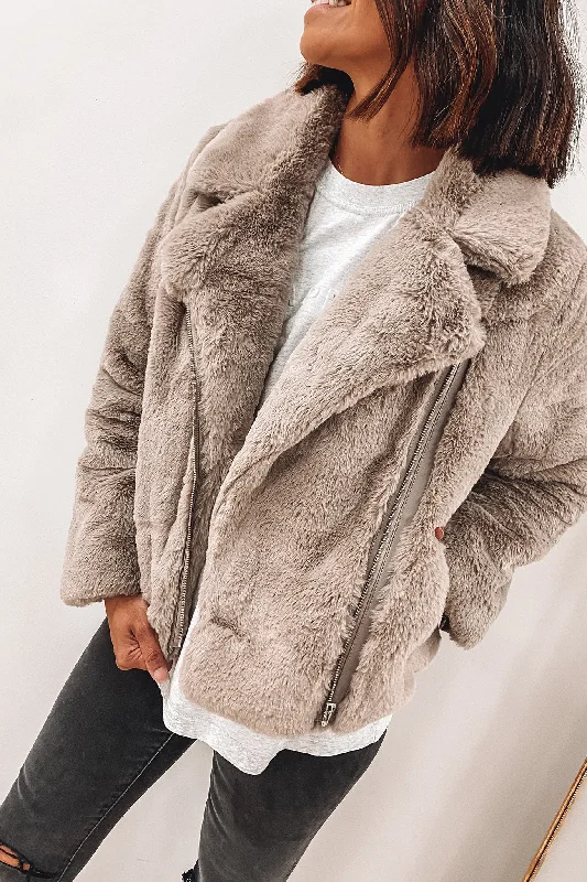 Women's Sporty Clothes Classic Faux Fur Jacket Stone