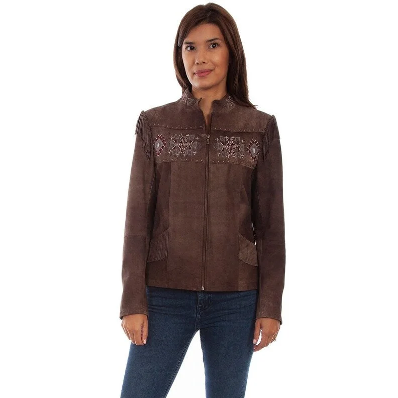 Women's Plus-Size Garments Scully Western Jacket Womens Leather Fringe Beaded Chocolate F0_L1051