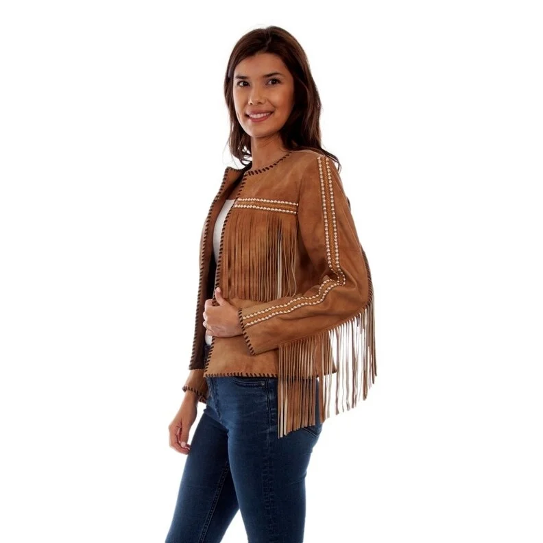 Stylish Women's Outerwear Apparel Scully Western Jacket Womens Fringe Studded Buckskin Boar F0_L1056