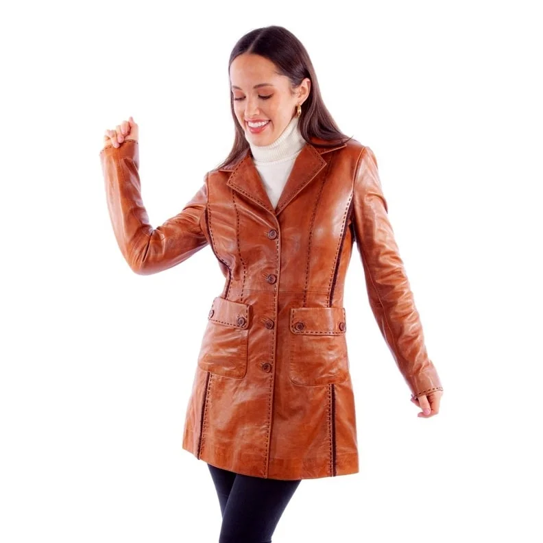 Women's Cozy Clothes Scully Western Jacket Womens Leather Button Whipstitch Cognac F0_L1117