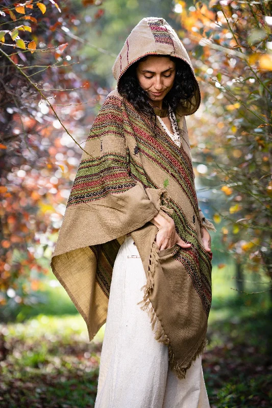 Stylish Outerwear Clothing For Women HODDI Womens Hooded Poncho Desert Sand Cashmere and Acrylic Wool Hood Pockets Earthy Tribal Pattern Festival AJJAYA Mexican Primitive